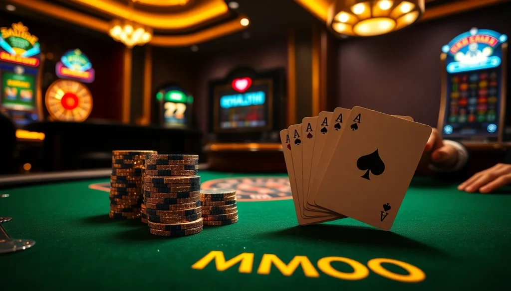 Players engaging in MMOO poker strategy at a luxurious casino table.
