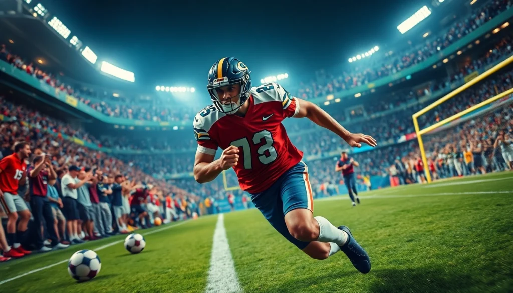 นักฟุตบอลทำประตูที่น่าตื่นเต้นในสเตเดียมที่เต็มไปด้วยเสียงเชียร์ ฟุตบอล