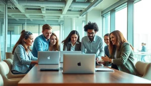 Post a sales job involves a diverse team collaborating in a modern office.