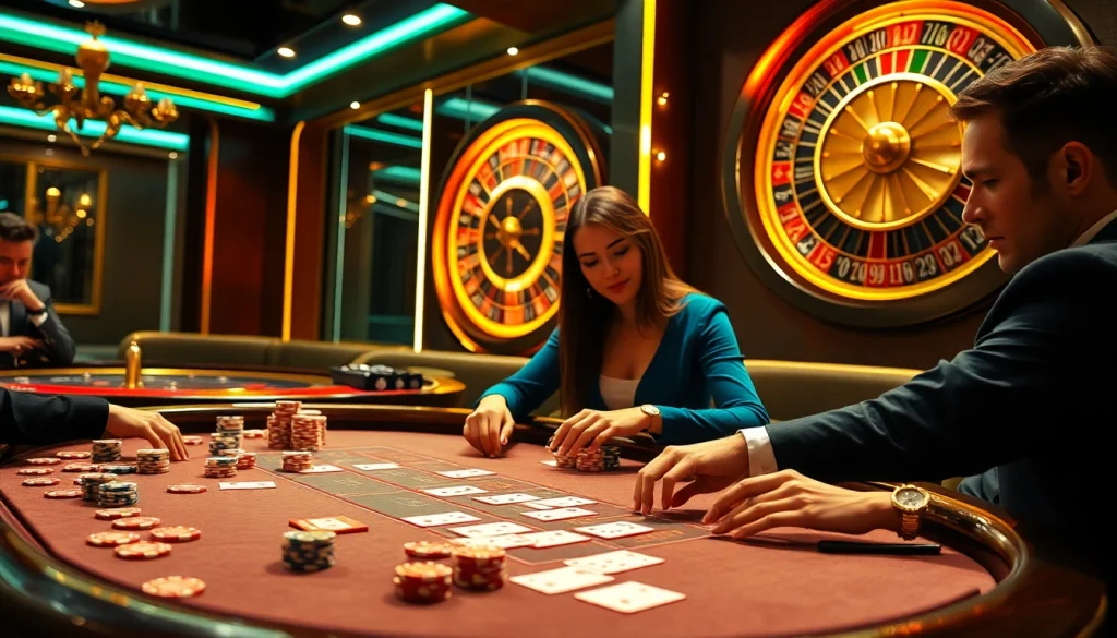 Experience thrilling gameplay at LC 88 casino with players engaging in poker and roulette action.