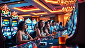 Action-packed slot online apiraja88 gaming scene with players cheering by vibrant machines.