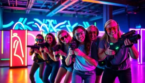 Players enjoy an action-packed laser tag game in a vibrant arena with glowing lights.