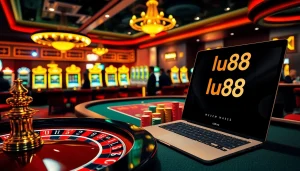 Players enjoying a vibrant casino scene featuring poker chips and a roulette wheel at lu88.