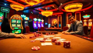 Experience thrilling gaming at GO99 casino with vibrant poker chips and illuminating slot machines.