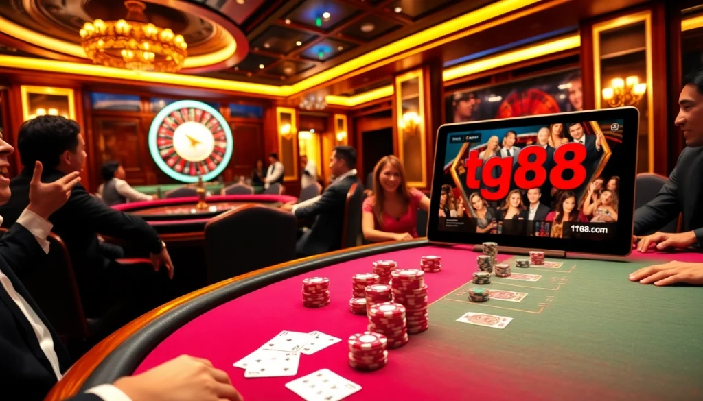 Experience the thrilling atmosphere of tg88.com with a lively poker table and vibrant casino decor.