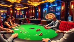 Players enjoying poker and roulette in a luxury casino environment with GK88-themed decor.
