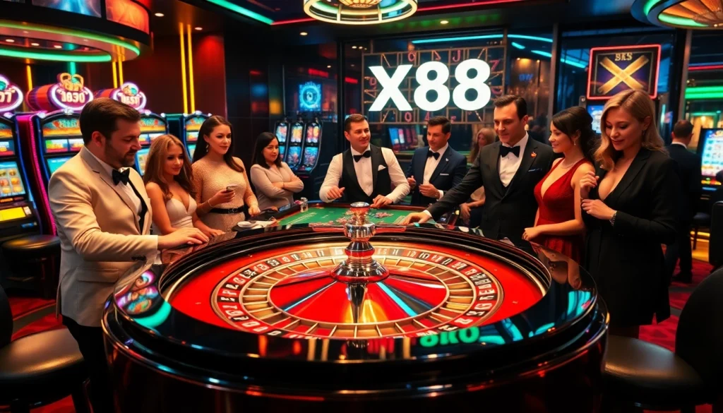 Players enjoying a thrilling moment at a luxurious casino table featuring X 88 branding.