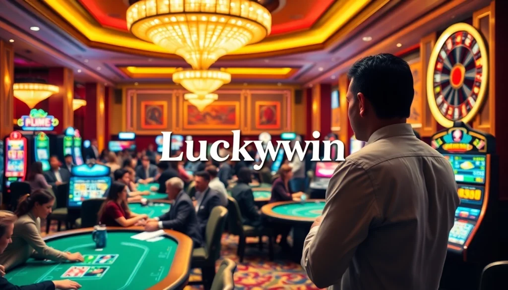 Players enjoying a vibrant Luckywin casino experience at poker tables and slot machines.