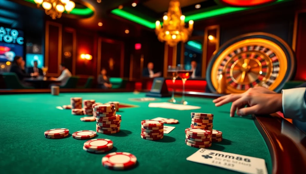 Engaging mm88 casino scene with poker chips, cards, and roulette wheel illustrating high-stakes action.