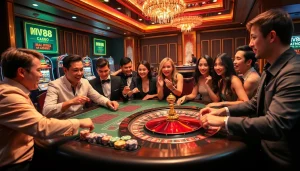 Excited players enjoying the thrilling atmosphere at MV88-themed casino table.