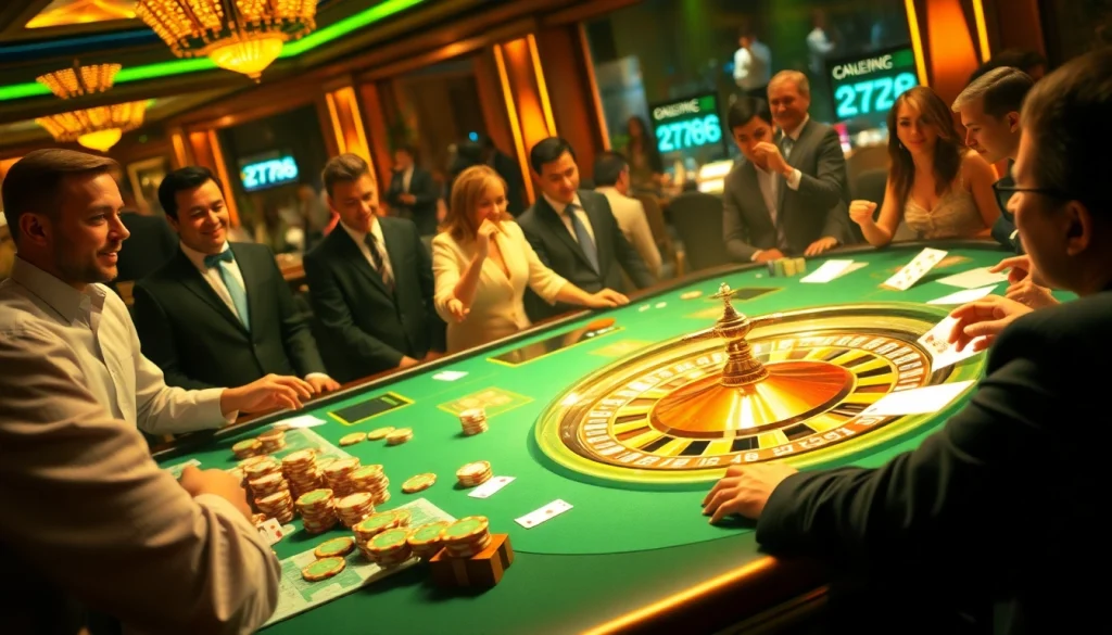 RR88 casino players engaged in a thrilling poker game at an elegant gaming table.