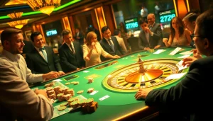 RR88 casino players engaged in a thrilling poker game at an elegant gaming table.