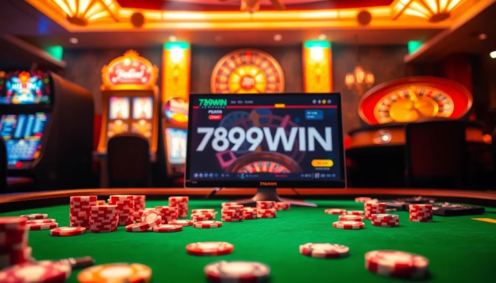 Experience the thrill of 789win đăng nhập at a luxurious poker table with vibrant chips and exciting casino ambiance.