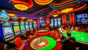 RR88 players enjoying high-stakes action at elegant casino tables and slot machines