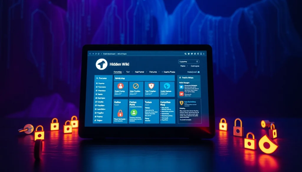 The Hidden Wiki interface illustrating dark web categories on a glowing screen in an enigmatic digital environment.
