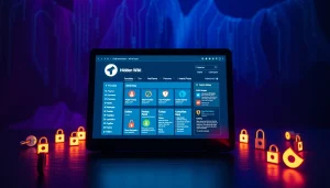 The Hidden Wiki interface illustrating dark web categories on a glowing screen in an enigmatic digital environment.