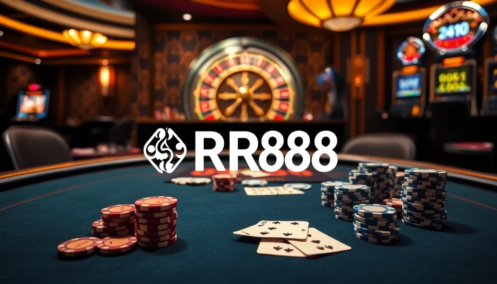 Play poker at RR88 with vibrant chips and cards in a luxurious casino setting.