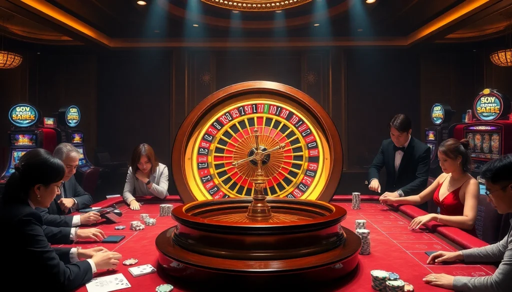 Pahala4d gamblers enjoy a thrilling game at a luxurious casino, showcasing roulette and poker elements.