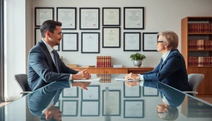 Clearwater Car Accident Lawyer confidently consulting a client in a modern law office.