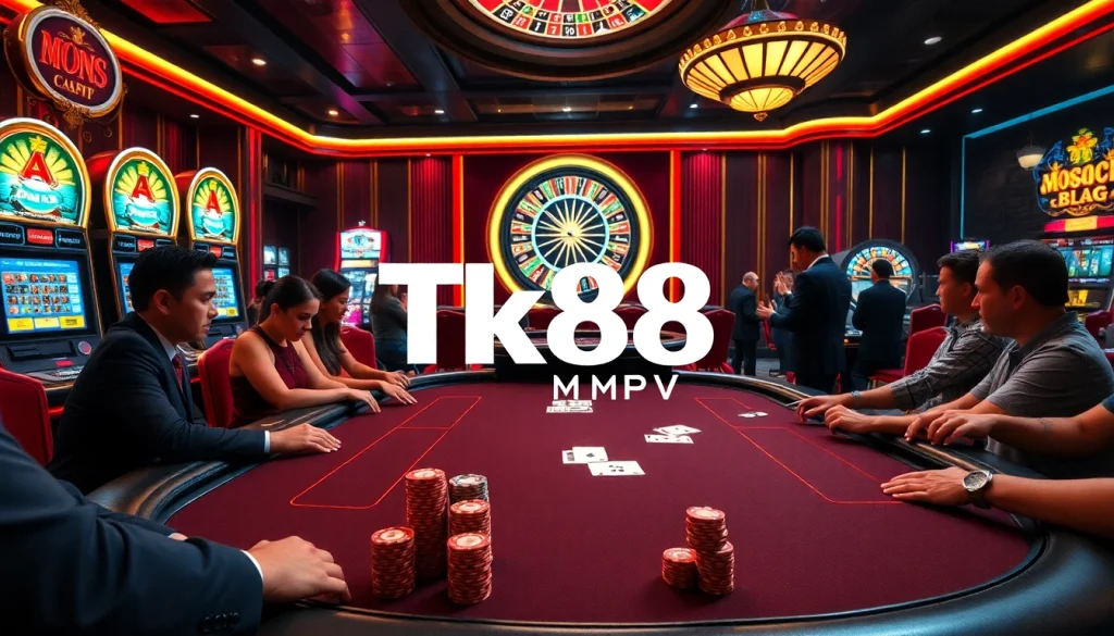 Exciting poker action at Tk88 MVP casino with vibrant machines and professional atmosphere.