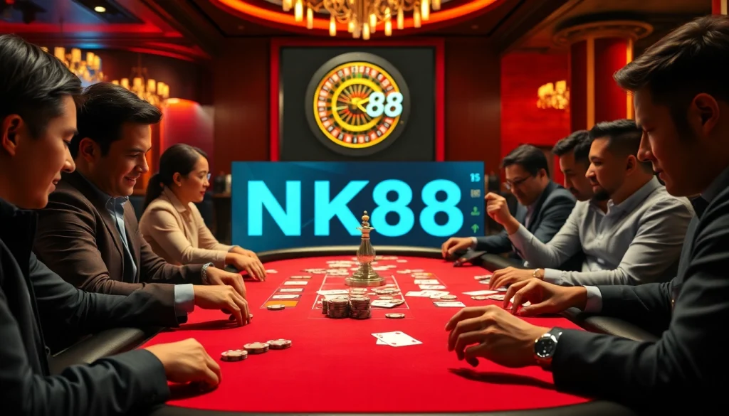 NK88 players enjoying a thrilling poker game at a luxurious casino table