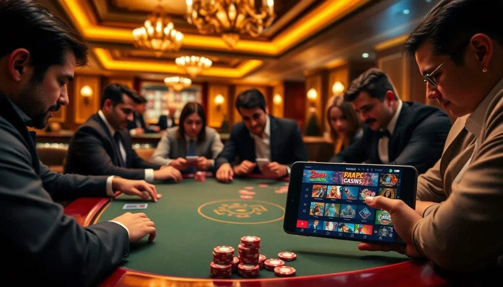 A thrilling gaming scene featuring the 222bd app at a casino table with vibrant poker chips and players in action.