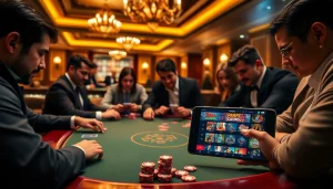 A thrilling gaming scene featuring the 222bd app at a casino table with vibrant poker chips and players in action.