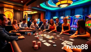 Experience the excitement of gambling at nova88 with vibrant poker chips and roulette wheel action.