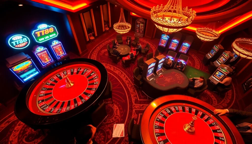 Players enjoying a dynamic casino scene featuring TT88 in a vibrant, luxurious environment filled with roulette wheels and slot machines.