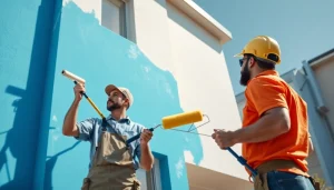 Building Painters applying vibrant blue paint to a modern home exterior.
