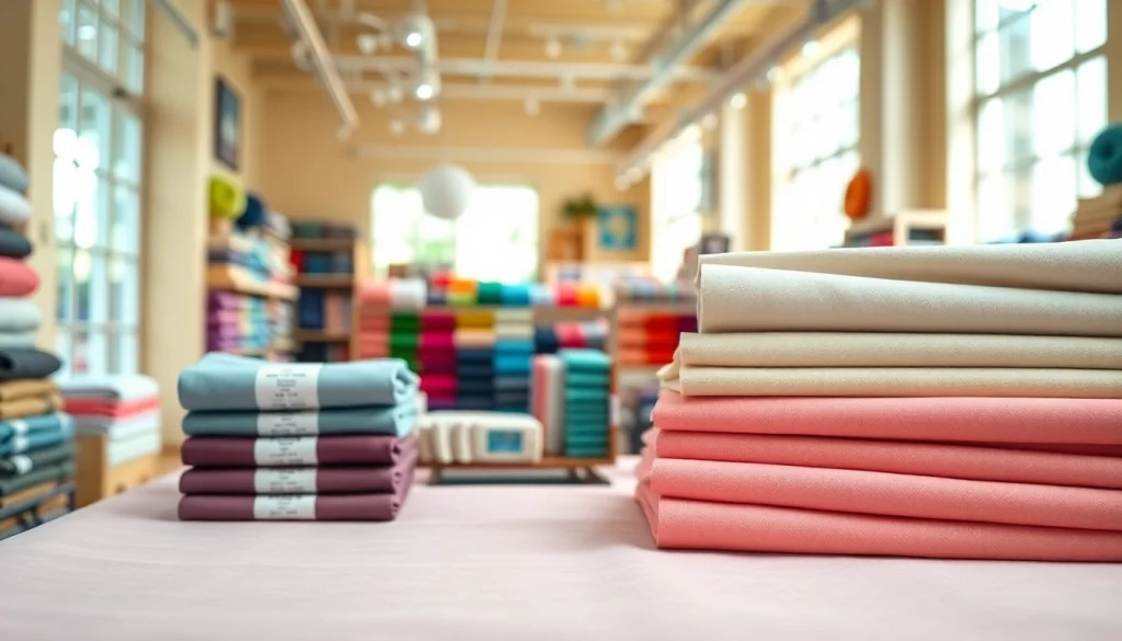 Poplin stof rolls displayed in a vibrant textile store, showcasing different colors and patterns.