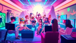 Porn games scene depicting animated characters enjoying interactive gaming in a colorful digital world.