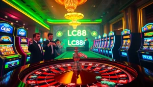 Experience the excitement of gambling at LC88 casino with vibrant roulette and slot machines.