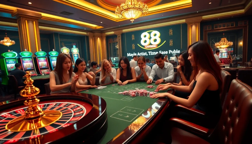 Ev88 players enjoying luxury gaming at a vibrant casino table with roulette and slots.