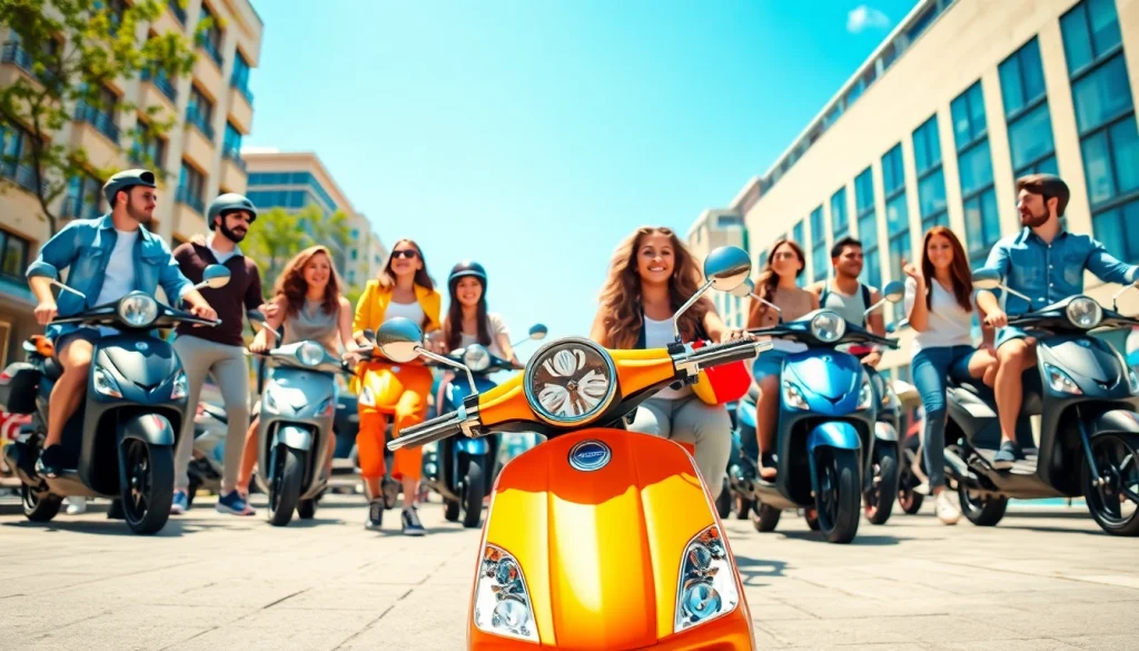 Scooter rijbewijs kopen in a lively urban setting with happy riders.