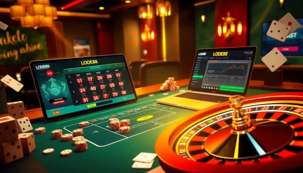 Engaging online gambling scene showcasing LODE88 with vibrant casino elements, exciting action, and professional atmosphere.