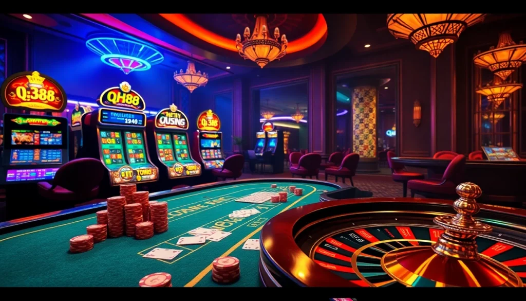Players engaging in a thrilling game at QH88 with vibrant casino elements and modern design.