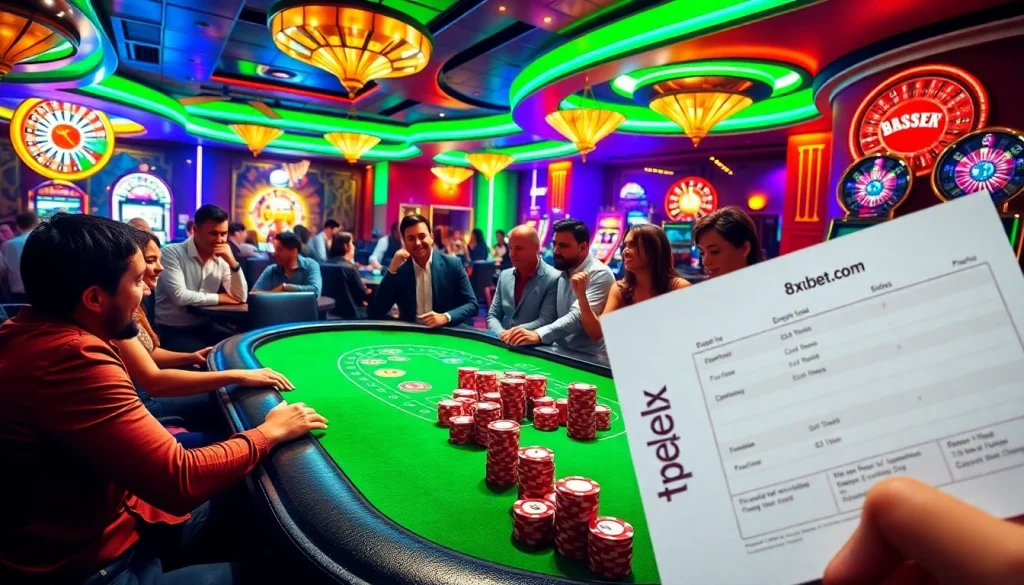 Experience thrilling gameplay at 8xbet.com with vibrant poker and roulette scenes.