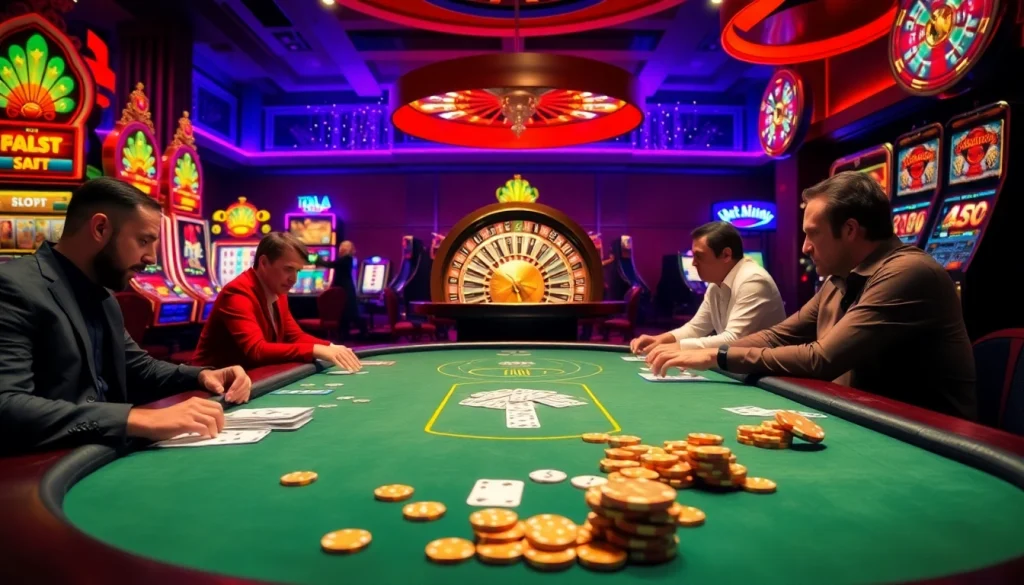 Action-packed gambling scene with players at ALO789 poker table and vibrant slot machines.