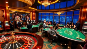 Engage with thabet in a thrilling casino scene featuring roulette, poker, and lively patrons.