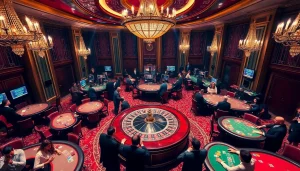 Daga-themed casino scene showcasing players enjoying roulette and poker, highlighted in a luxurious setting.