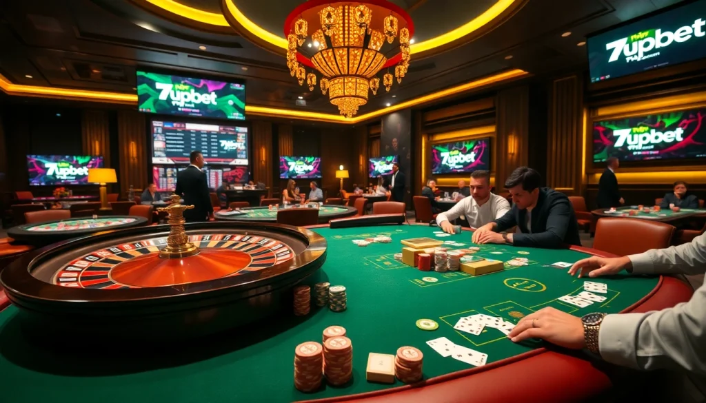 Gamblers enjoying an exciting game at a luxurious casino table, featuring 7upbet branding and vibrant atmosphere.