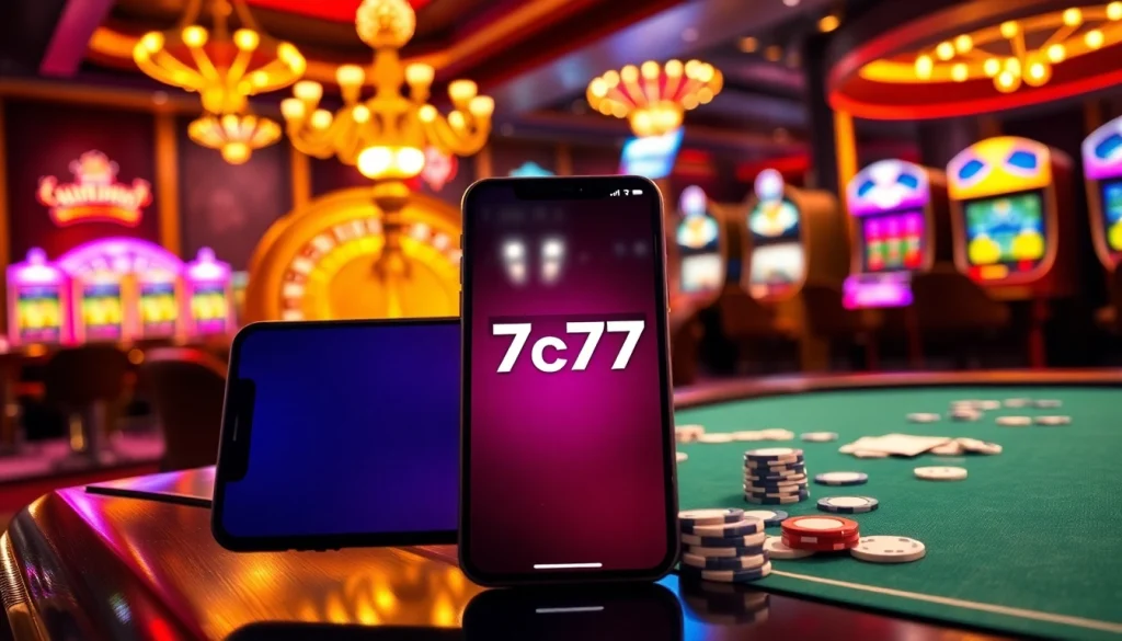 The 7c77 app interface amid a luxurious casino setting featuring roulette and slot machines.