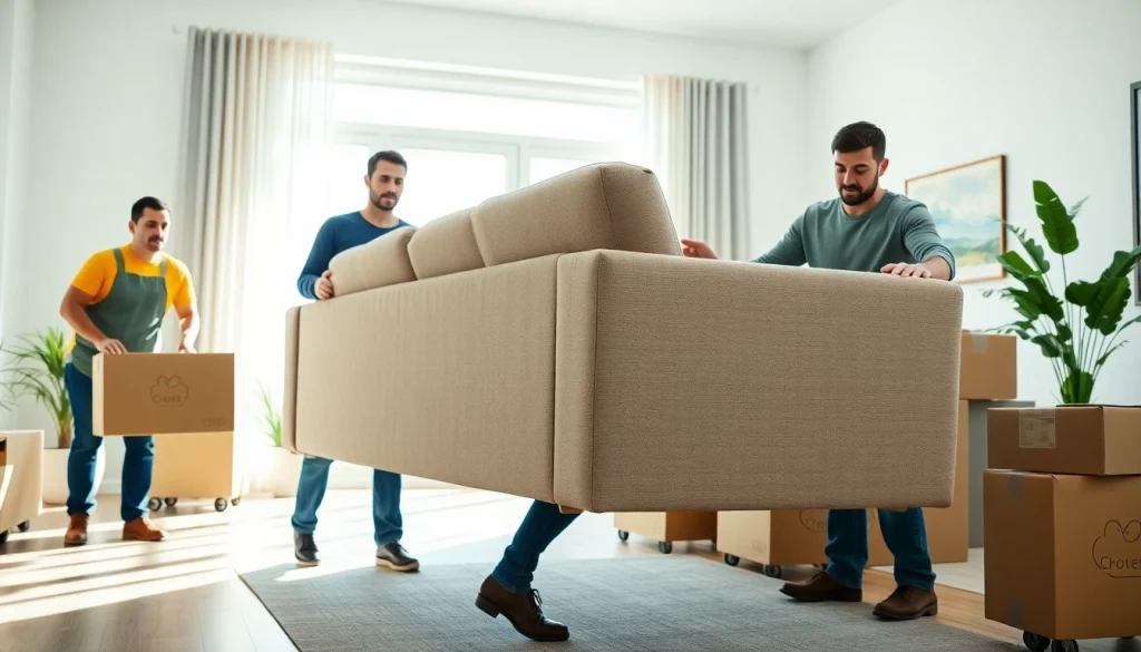 Experienced Furniture Movers carefully transporting a sofa in a bright living room setting.
