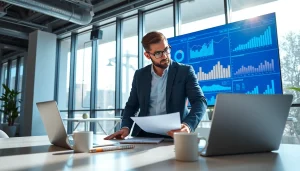 Marketing Consultant engaged in analysis with visual data in a modern office environment.