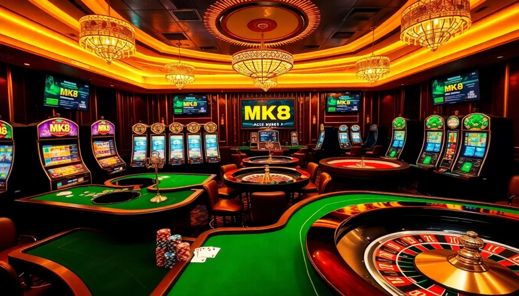 Experience the excitement of MK8 with vibrant casino tables and spinning roulette wheels.