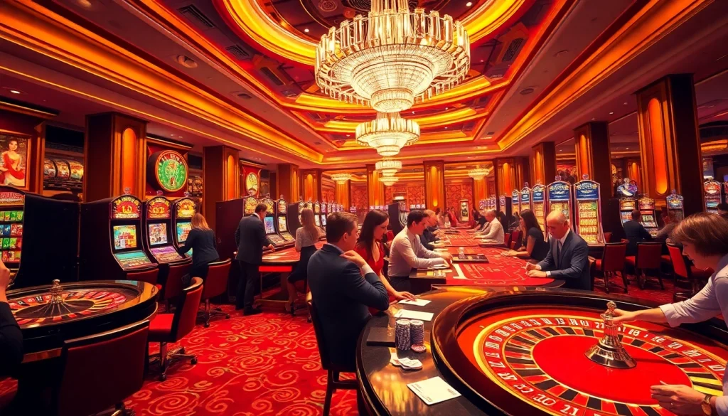 A lively casino atmosphere at https://mu88.camp/ with players enjoying poker and roulette games, showcasing excitement and strategy.