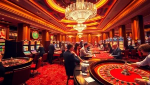A lively casino atmosphere at https://mu88.camp/ with players enjoying poker and roulette games, showcasing excitement and strategy.