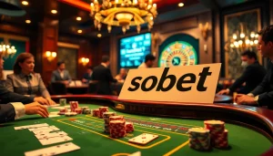 Experience sbobet betting excitement with a dynamic baccarat scene featuring engaged players and casino elements.