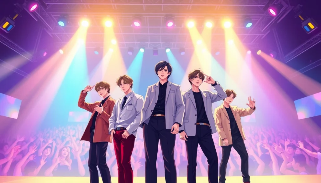 BTS members performing energetically on stage with vibrant lighting and a lively crowd.
